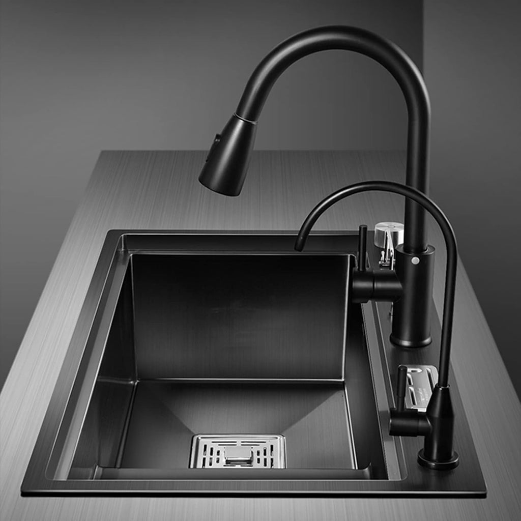 304 Stainless Steel Single Bowl Kitchen Sink Multi-Functional Ladder Type Bar Sink RV Sink with Pull-Out Faucet Top Mount Or Undermount (Color : Black, Size : 80x45x24cm) (Black 80x45x24cm)