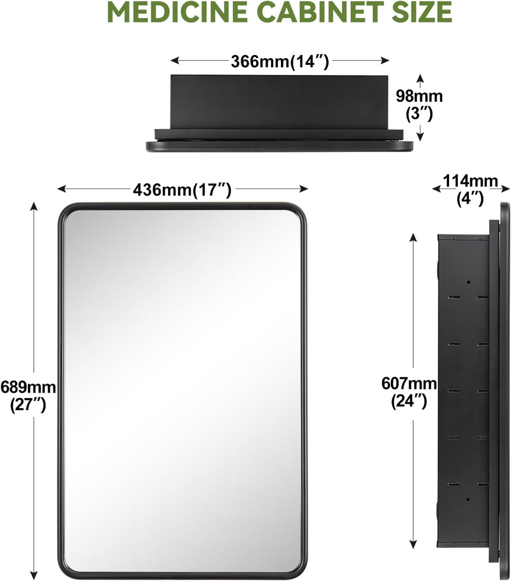 17 x 27 Bathroom Medicine Cabinet with Mirror Metal Frame Recessed Or Wall Mounted Single Door Storage Medicine Cabinets with Adjustable Shelves Rounded Corner Beveled Mirrors