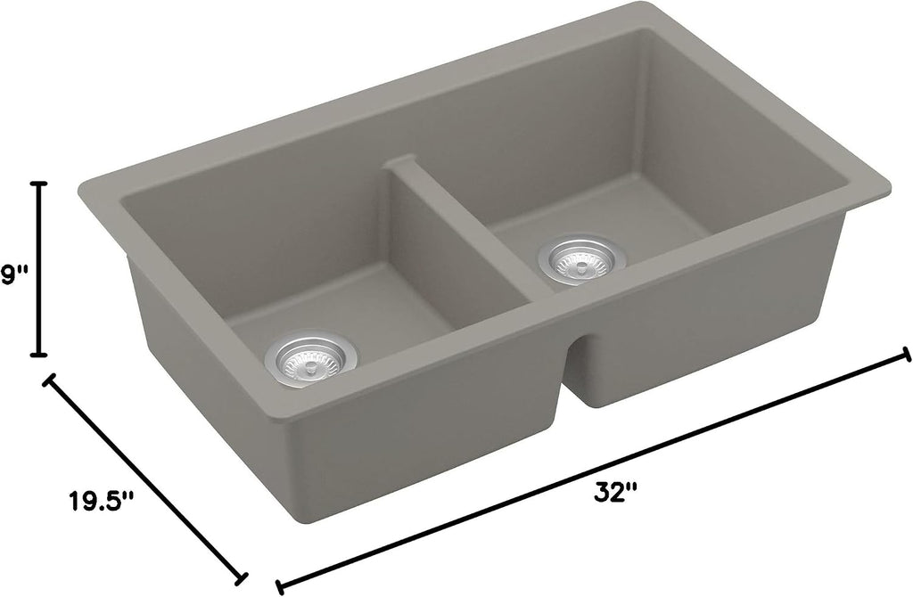 Karran 32' Quartz Composite Undermount Double Bowl Kitchen Sink with Low Divider – 50/50 Equal Bowl, 80% Natural Quartz, 535°F Heat Resistant, Sound Dampening, Concrete Color, QU-810