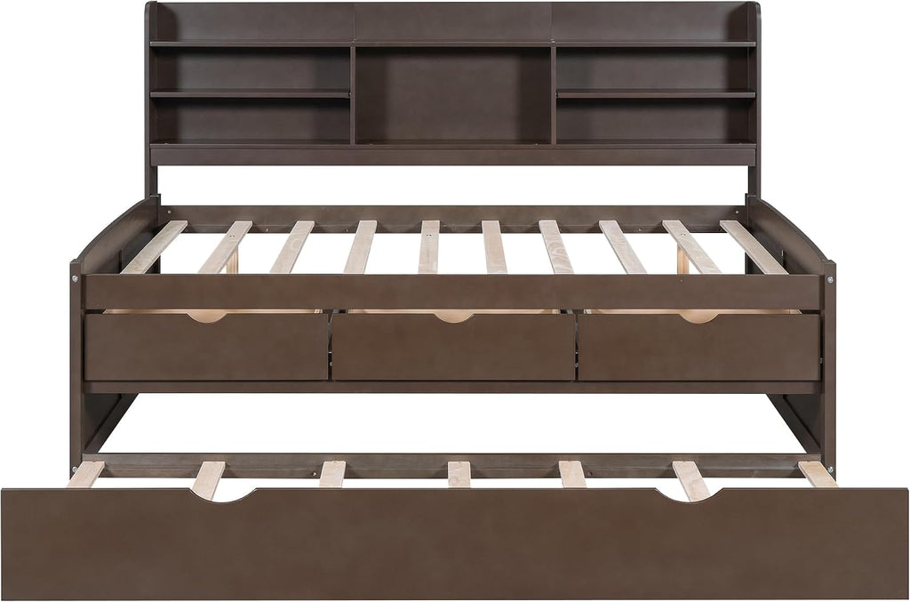 Full Size Corner Bed Frame with Storage Drawers and Trundle,Wooden Captain Bed Frame with Storage Bookshelves Headboard for Living Room Bedroom,No Box Spring Needed, Space Saving,Antique Gray