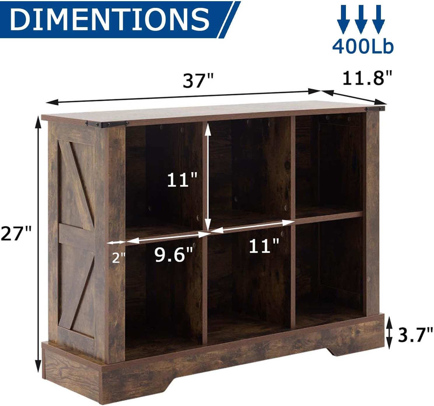 6 Cube Storage Organizer, 2 Tier Book Shelf with Led Lights, Farmhouse Book Shelves for Living Room, Horizontal Toy Storage Bookshelf, Wood Display Bookcase Cabinet for Bedroom, Office, Brown