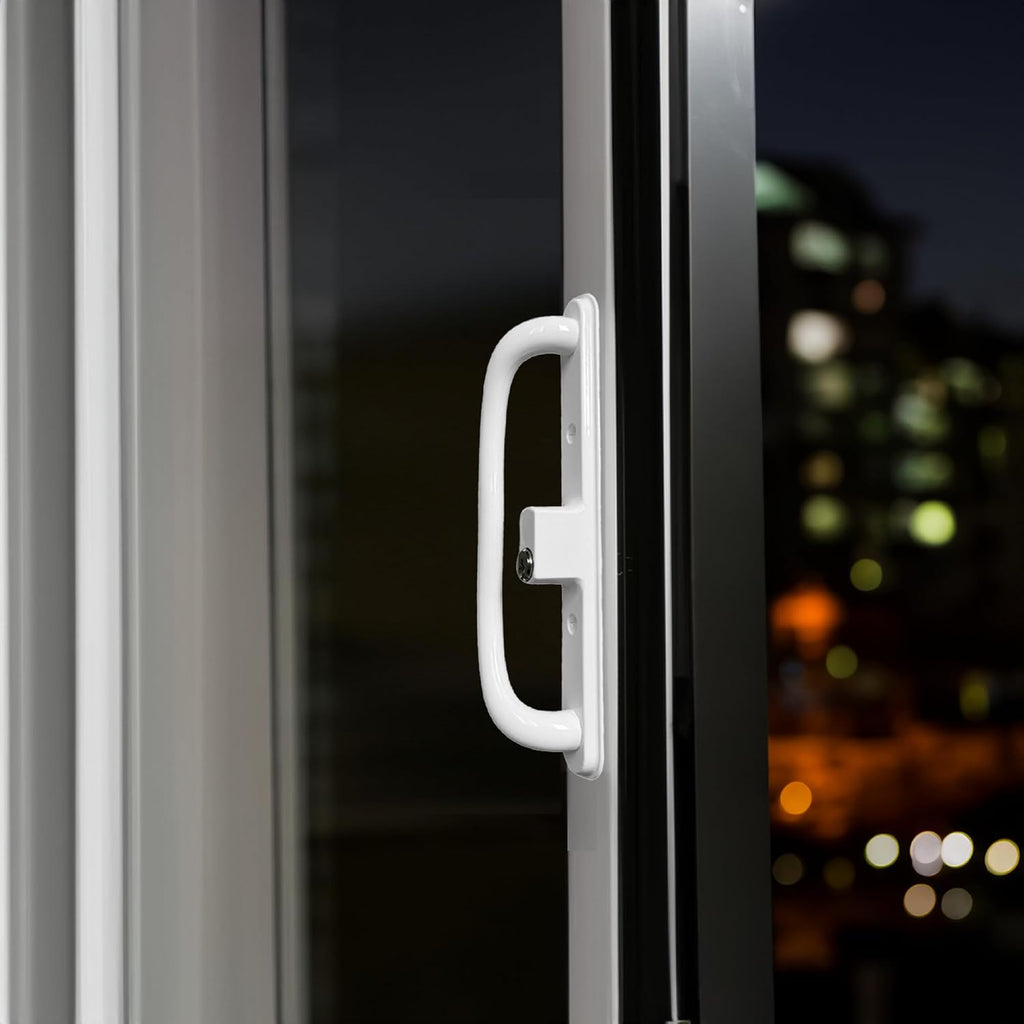 10' Olympus Sliding Patio Glass Door White Offset Pull Handle Set Replacement with Keys fits 3 ¹⁵/₁₆ inches Hole Spacing, and 1-1/4' to 2-1/4' Door Thickness - Fix and Repair Hardware