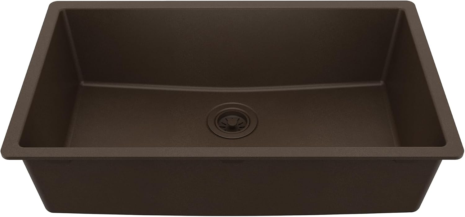 Karran Undermount 33' Large Single Bowl Granite Quartz Composite Kitchen Sink in Brown – Extra Deep 9' Basin, Heat & Scratch Resistant, Sound Dampening, Rear Drain – QU-812