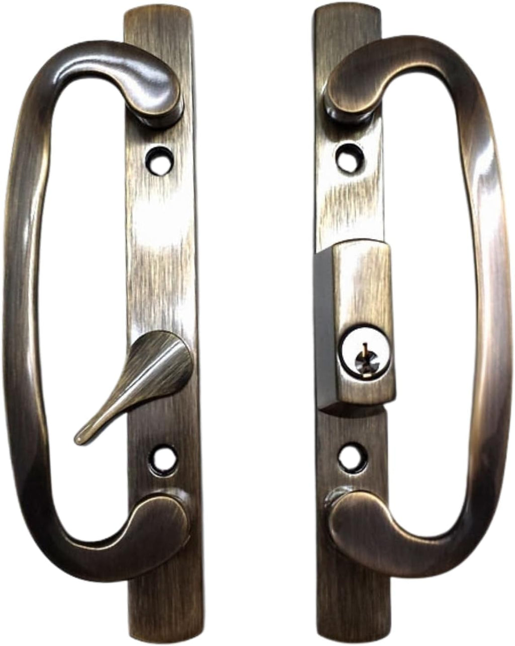 8.5 in Sliding Patio Glass Door Handle Set with Keyed Offset Latch, Antique Brass Diecast Pull, Fits 3-15/16 in Screw Holes and 1-1/4 to 2-1/4 in Door Thickness