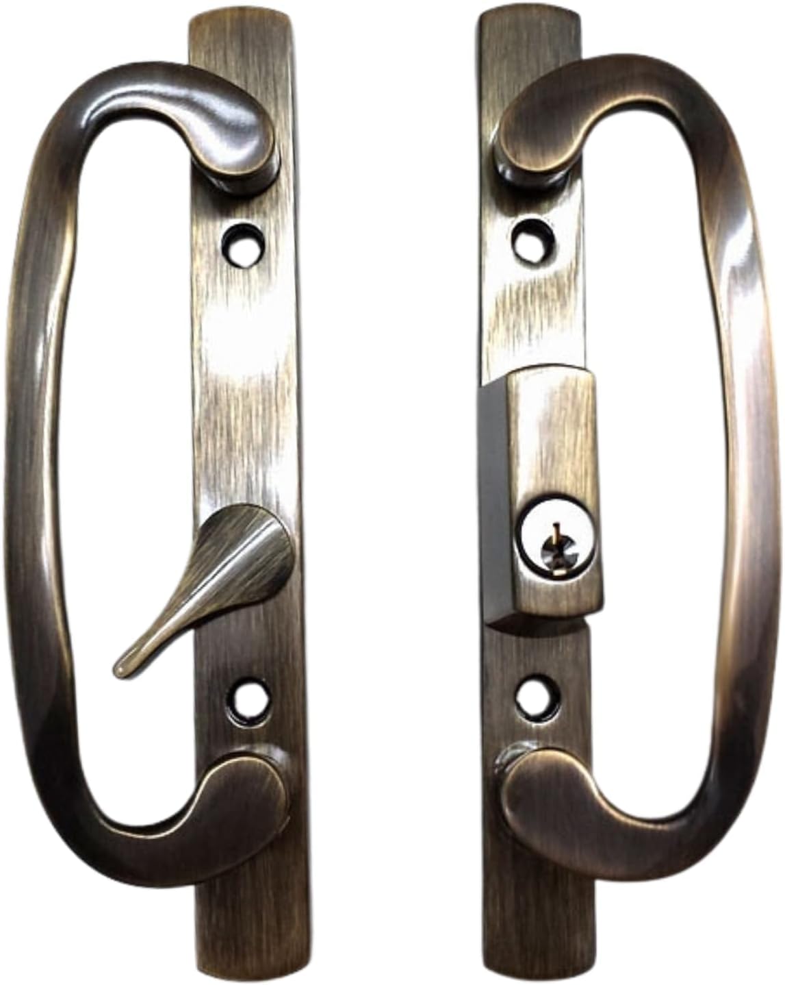 8.5 in Sliding Patio Glass Door Handle Set with Keyed Offset Latch, Antique Brass Diecast Pull, Fits 3-15/16 in Screw Holes and 1-1/4 to 2-1/4 in Door Thickness