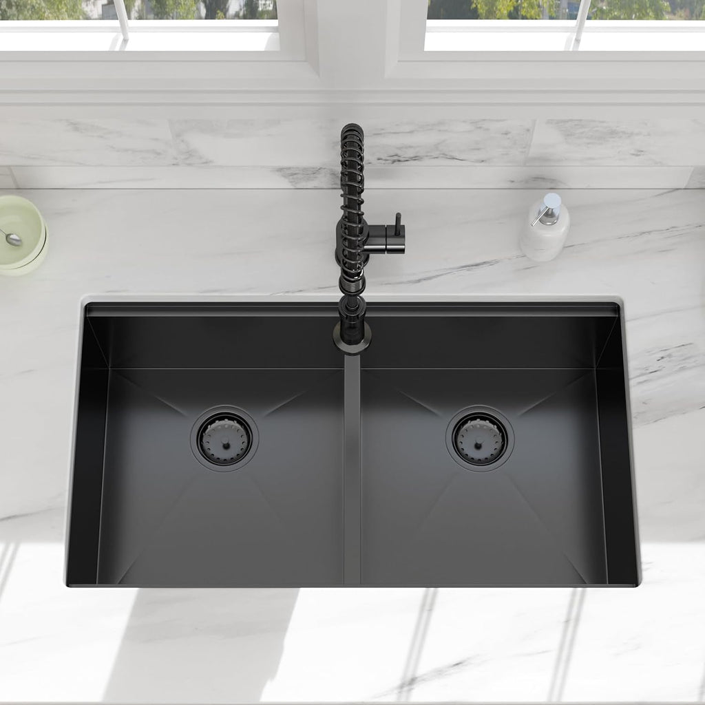 33 Black Undermount Kitchen Sink - 33x19 Gunmetal Black Double Bowl Kitchen Sinks Workstation 16 Gauge Stainless Steel Sink Low Divide Double Basin 50/50