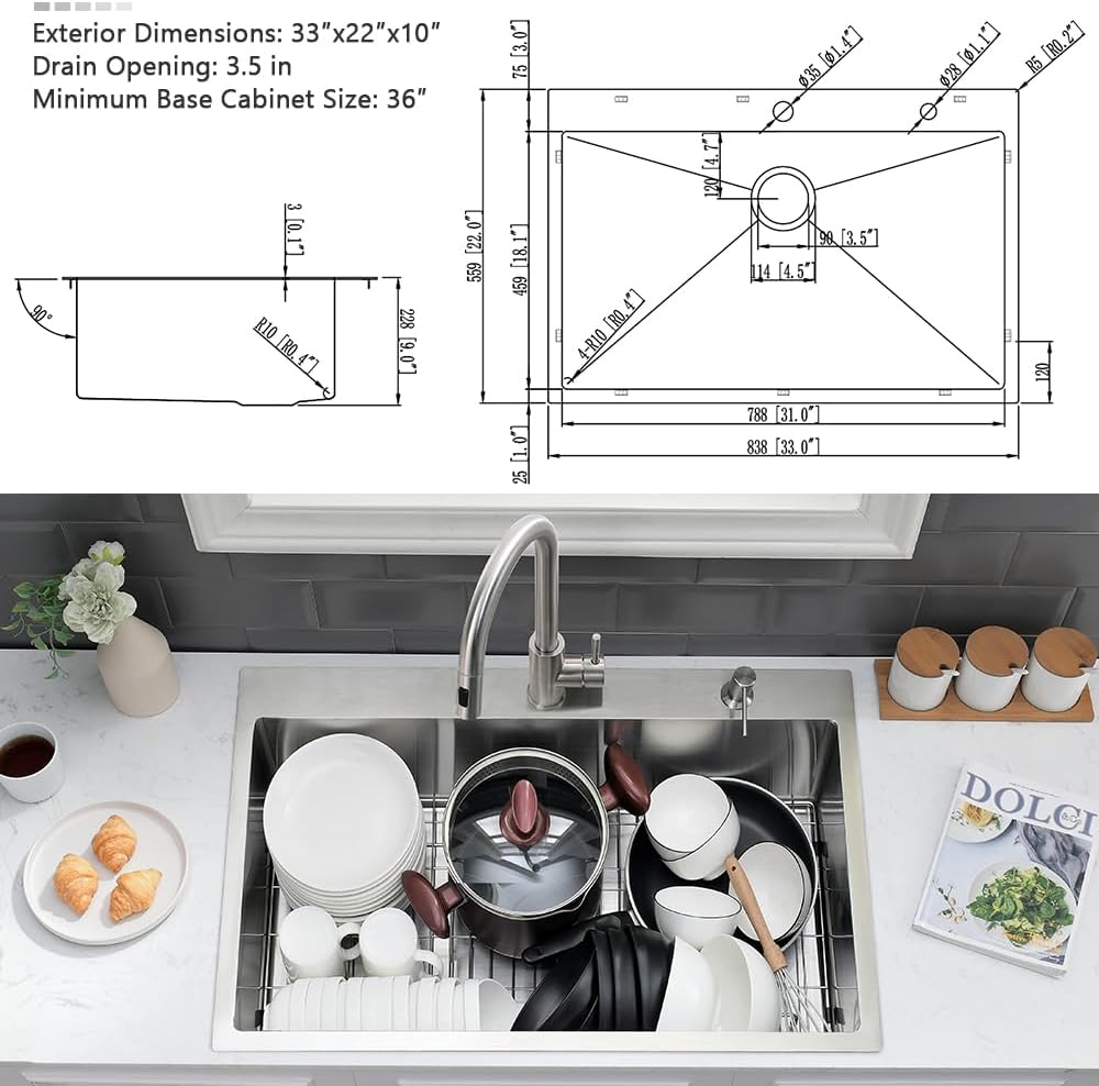 33 x 22 Drop In Kitchen Sink and Faucet Combo Set-VASOYO Stainless Kitchen Sinks Drop In Topmount Stainless Steel Deep Single Bowl Overmount Sink with Faucet