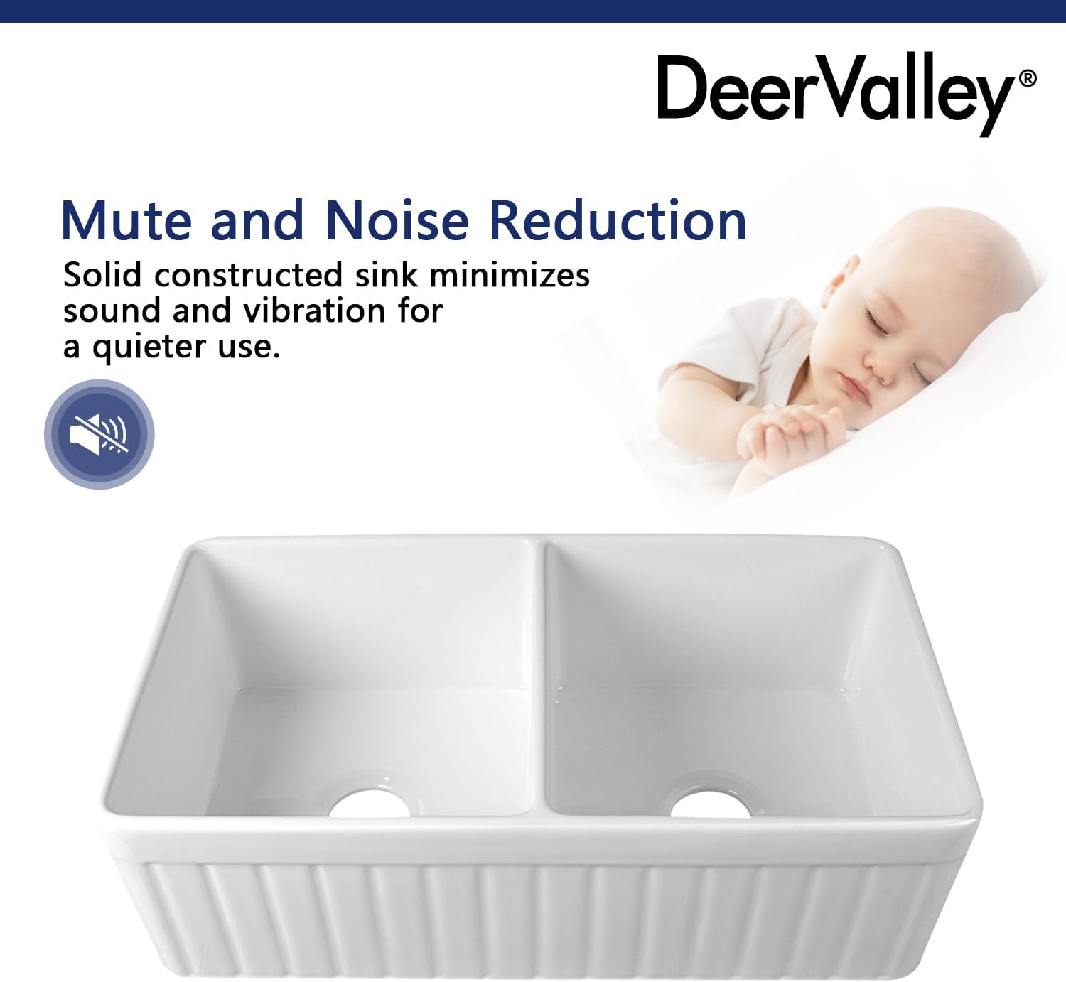 DeerValley Double Bowl Farmhouse Kitchen Sink 33 Inch, Fireclay Farm Sinks, Reversible Apron Front Deep Drop In Kitchen Sinks with Bottom Grid and Strainer