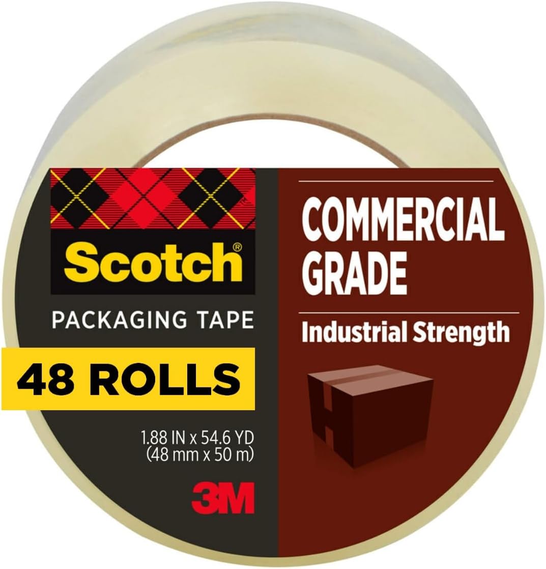 Scotch Commercial Grade Shipping Packaging Tape, 1.88' x 54.6 yd, Designed for Packing, Shipping and Mailing, Guaranteed to Stay Sealed, 3' Core, Clear, 48 Rolls