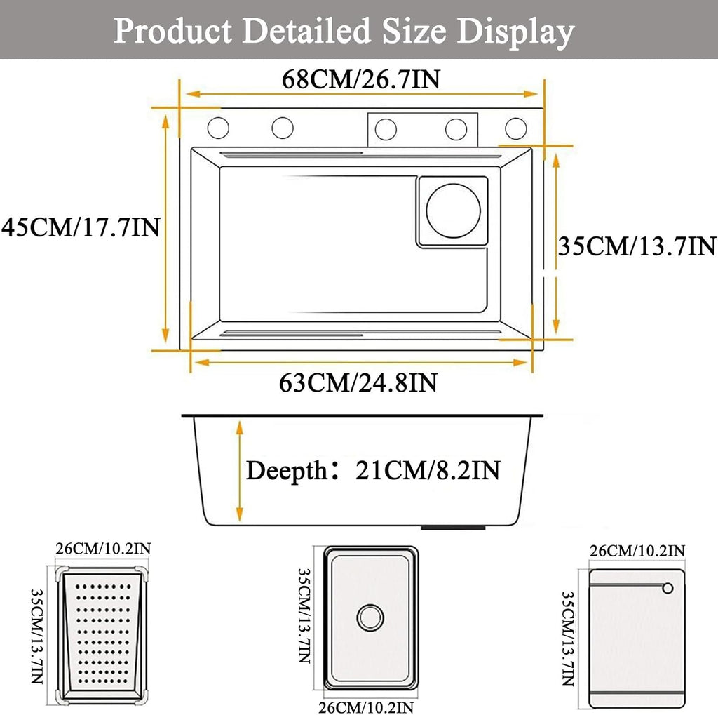 Waterfall Kitchen Sink Workstation Nanometer Waterfall Topmount Sink Stainless Steel Bar Sink Multifunction Single Bowl Kitchen Sink with Faucet Combo & Dra(Gold-68x45x22cm