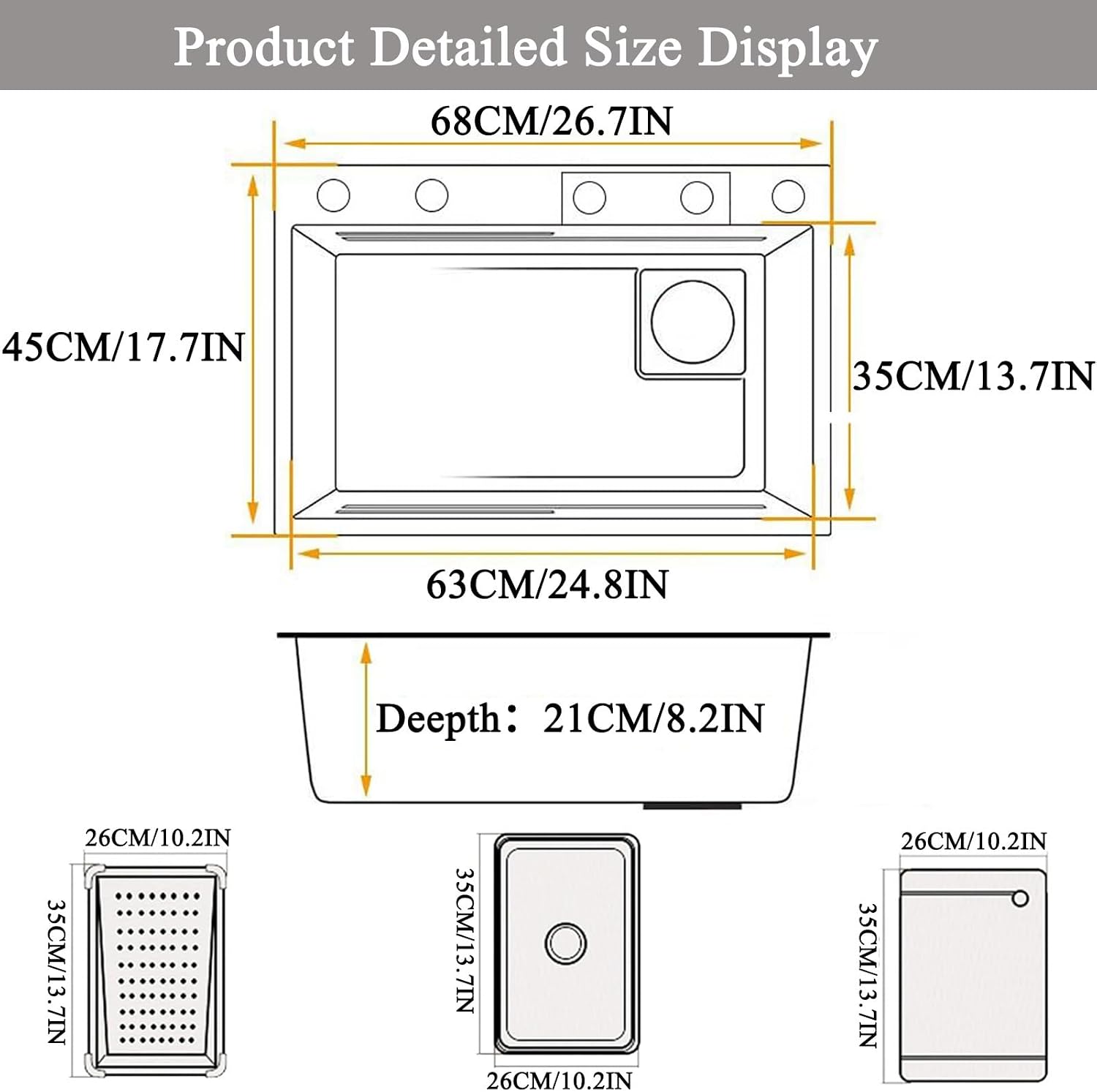 Waterfall Kitchen Sink Workstation Nanometer Waterfall Topmount Sink Stainless Steel Bar Sink Multifunction Single Bowl Kitchen Sink with Faucet Combo & Dra(Gold-68x45x22cm