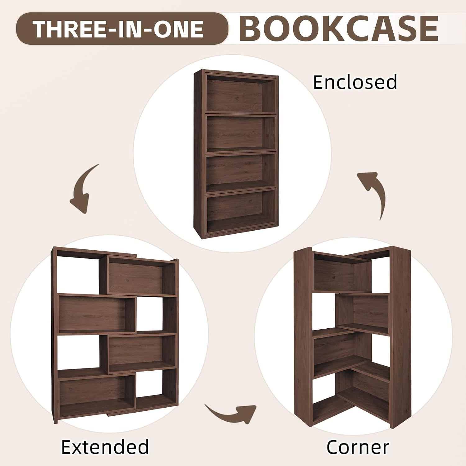 Expandable 3-in-1 Convertible Bookcase with Adjustable Width, Corner & Straight Shelf Design, 4-Tier Modern Storage Organizer, Space-Saving (Black + Gray, 23.6' × 11.8' × 63.0')