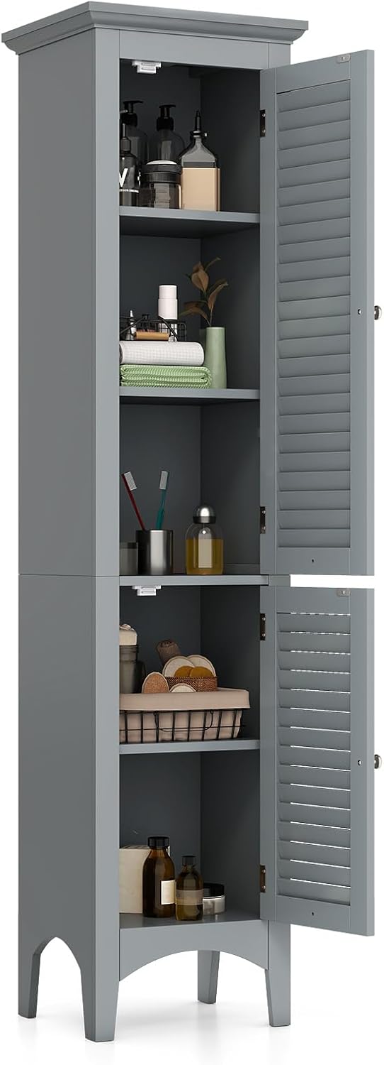 Tangkula 63' Tall Bathroom Storage Cabinet, Freestanding Narrow Linen Tower with Adjustable Shelf, Modern Slim Floor Cabinet with 2 Doors for Bathroom, Living Room, Kitchen (Grey)