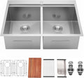 IKEBANA 33 x 22 Inch Double Bowl Kitchen Sink Drop in, Brushed Nickel 16 Gauge Stainless Steel Topmount 50/50 Double Basin Workstation Kitchen Sink with Accessories
