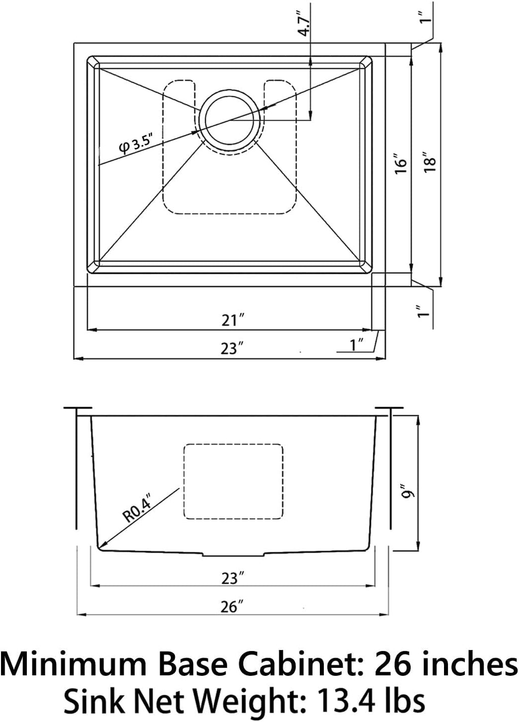 Sinber HU2318S-10-S 23' x 18' x 9' Undermount Single Bowl Kitchen Sink with 18 Gauge 304 Stainless Steel Satin Finish (Sink Only)