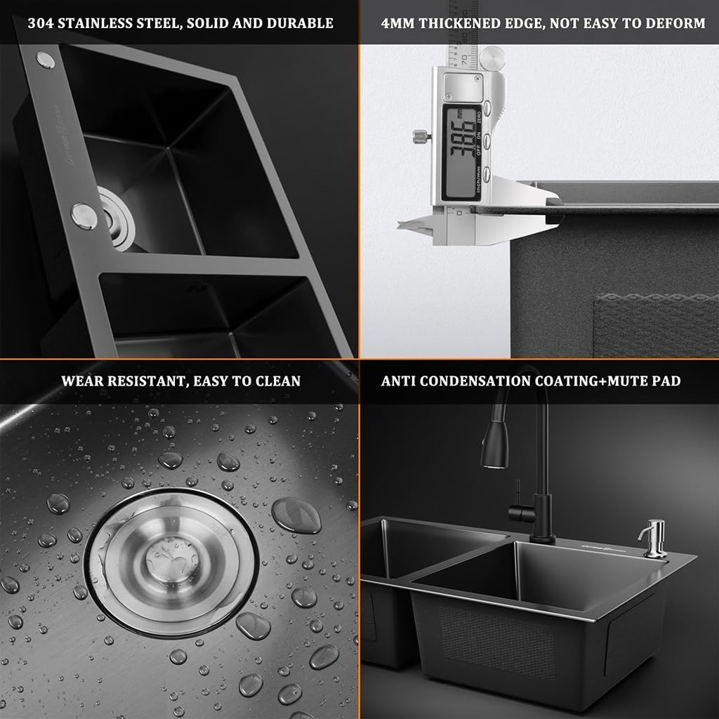 OM Double Bowl Kitchen Sink with Pull-Out Faucet Stainless Steel Kitchen Workstation Sink Multifunctional Bar Sink with Complete Accessory Set (Black-72x40x21cm