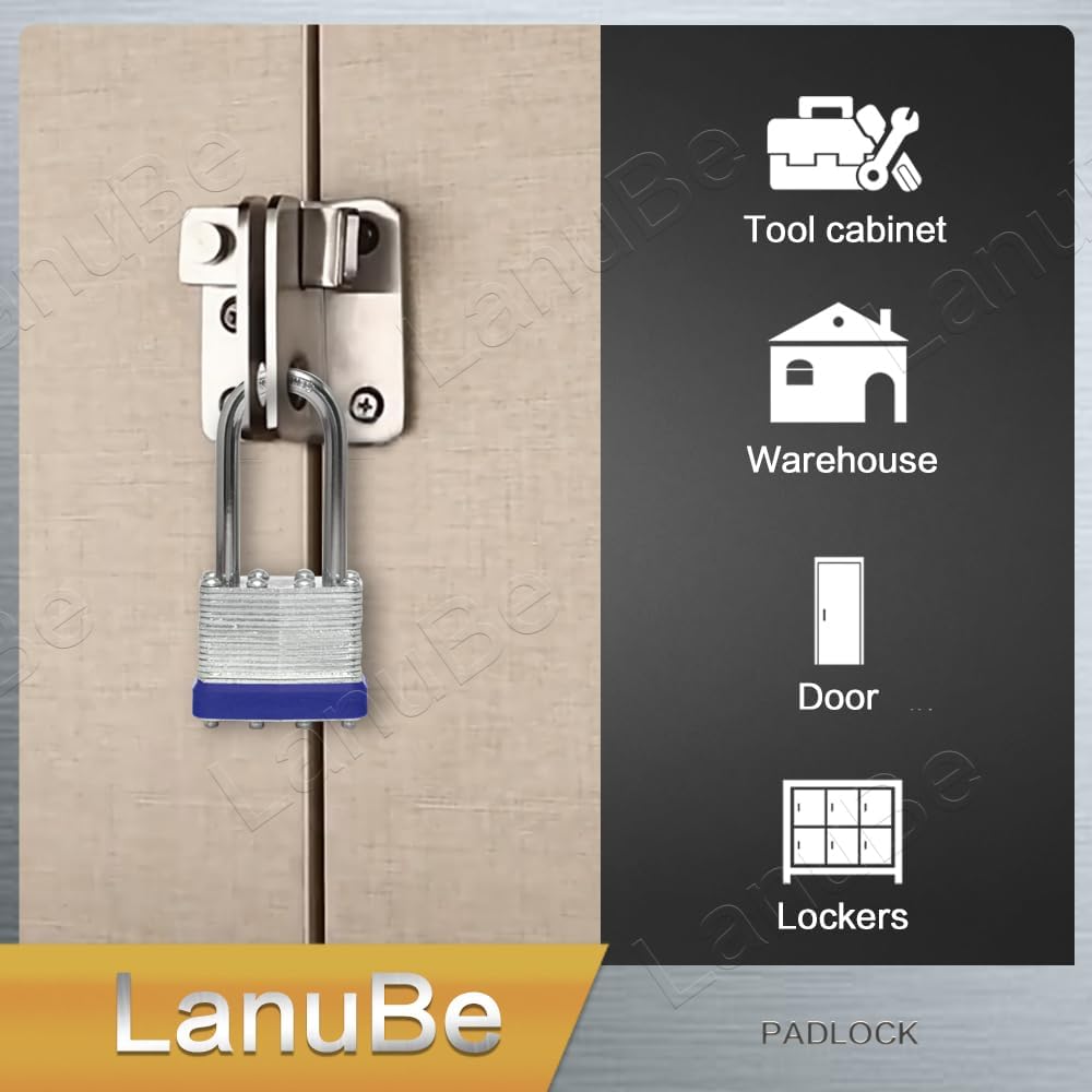 LanuBe Lock Laminated keyed Padlock (1-9/16', 40mm), keyed Alike Locks, Long Shackle, Marked Blue Plastic Hoop, Pack of 120