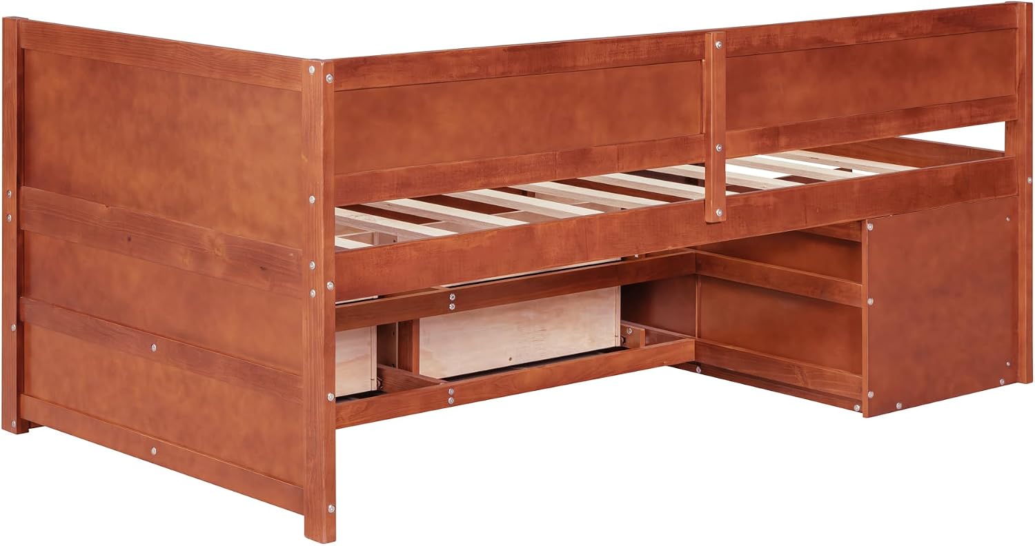 Harper & Bright Designs Twin Corner Bed Frame with Drawers and Shelves,Wood Daybed with L Shape Heaboard,Floor Storage Platform Bed Frame for Bedroom Living Room,Walnut