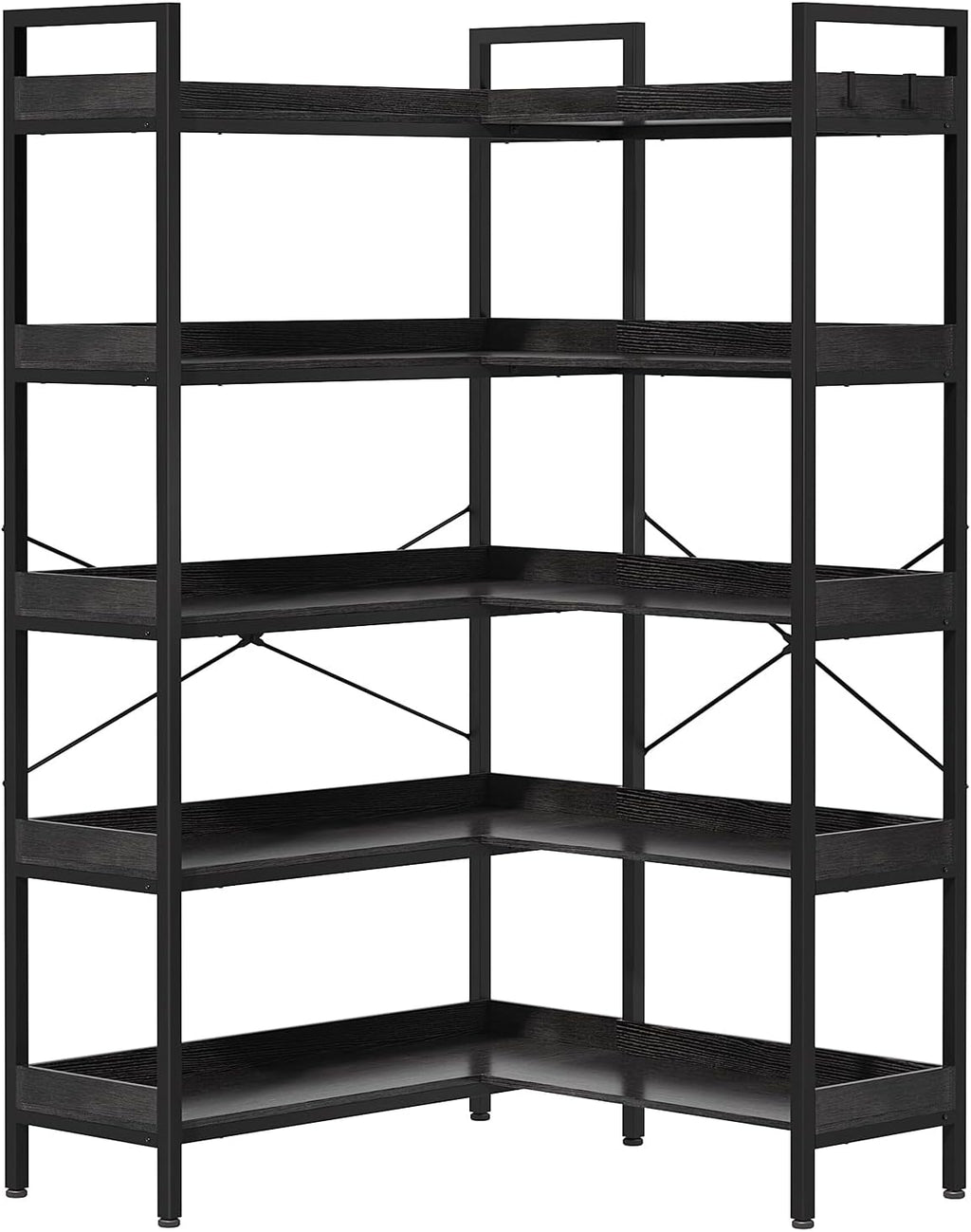 KOUSEI 5-Tier Corner Bookshelf, Reversible L-Shaped Bookcase with 4 Hooks, 65' Industrial Wood & Metal Storage Shelf for Living Room, Home Office & Bedroom, Black