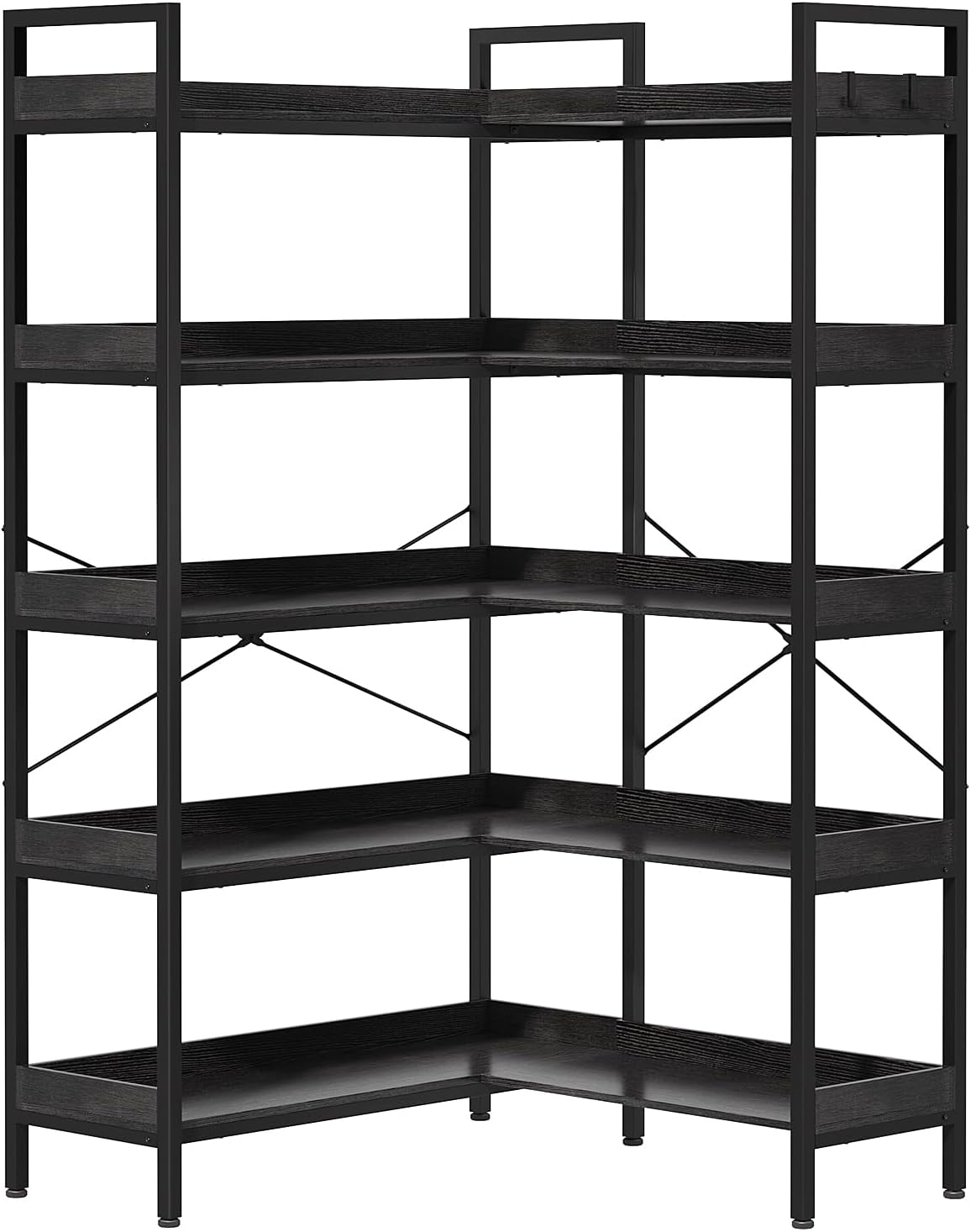 KOUSEI 5-Tier Corner Bookshelf, Reversible L-Shaped Bookcase with 4 Hooks, 65' Industrial Wood & Metal Storage Shelf for Living Room, Home Office & Bedroom, Black