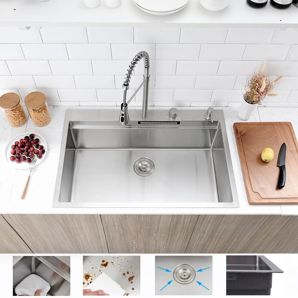 33 Inch Drop In Waterfall Kitchen Sink, 33x22 Drop in Kitchen Sink with Faucet Workstation Kitchen Sink 16 Gauge Stainless Steel Single Bowl Multifunctional Modern Kitchen Sink