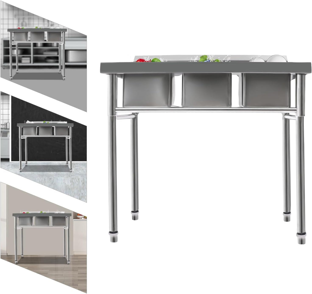 3 Compartment Commercial Stainless Steel Utility Sink Free Standing Sink Kitchen Sink with 3 Drains, 39x17.7x37.4' (3 Bowl)