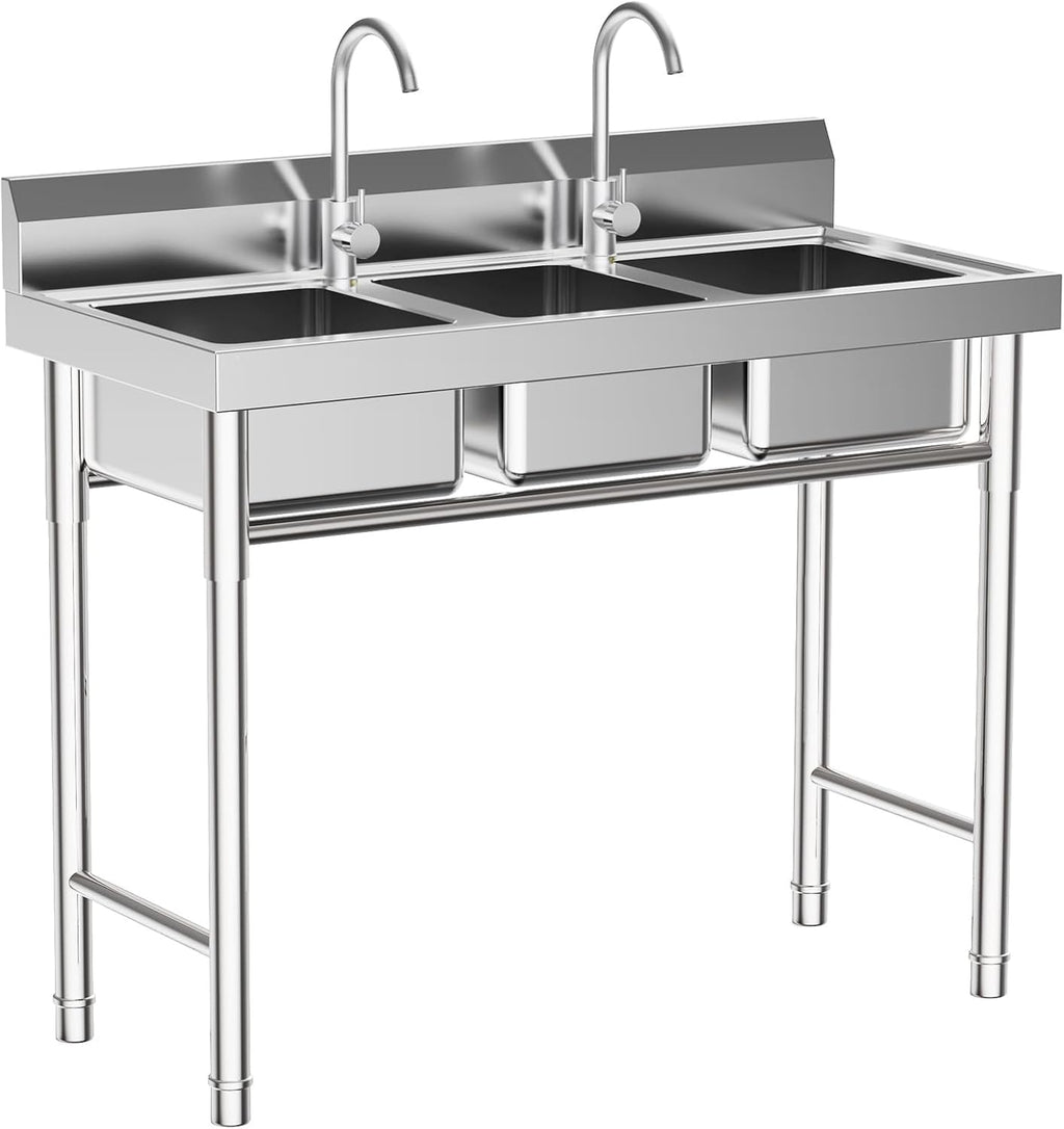 3-Compartment Sink,304 Stainless Steel Utility Sink Commercial Grade Laundry Tub,Kitchen Sink with Water Faucets,Freestanding Triple Bowl Utility Sink, Work Station Sink for Outdoor Indoor