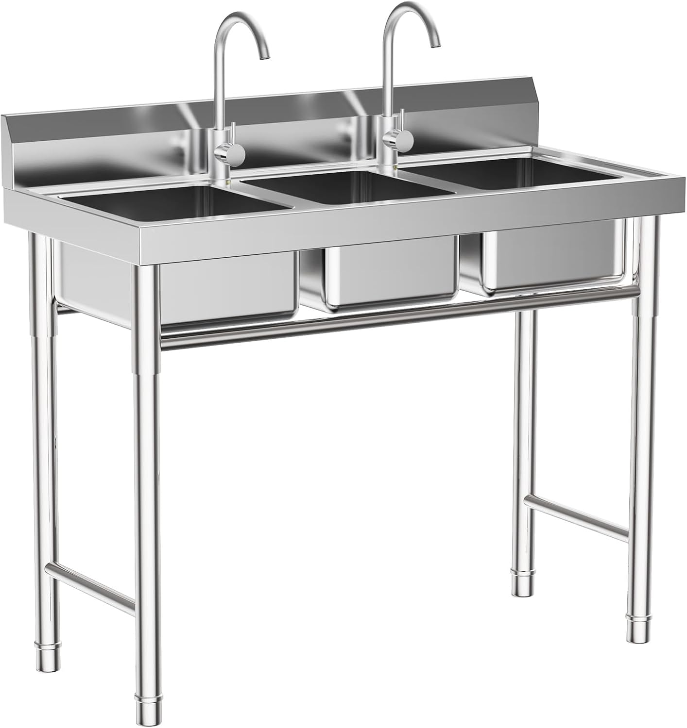 3-Compartment Sink,304 Stainless Steel Utility Sink Commercial Grade Laundry Tub,Kitchen Sink with Water Faucets,Freestanding Triple Bowl Utility Sink, Work Station Sink for Outdoor Indoor