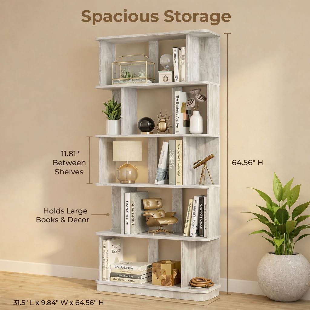 5-Tier Tall Bookshelf, Narrow Wood Bookcase, Light Gray | 64.56' freestanding open display shelf for books, décor, and storage in living rooms, bedrooms, or home offices
