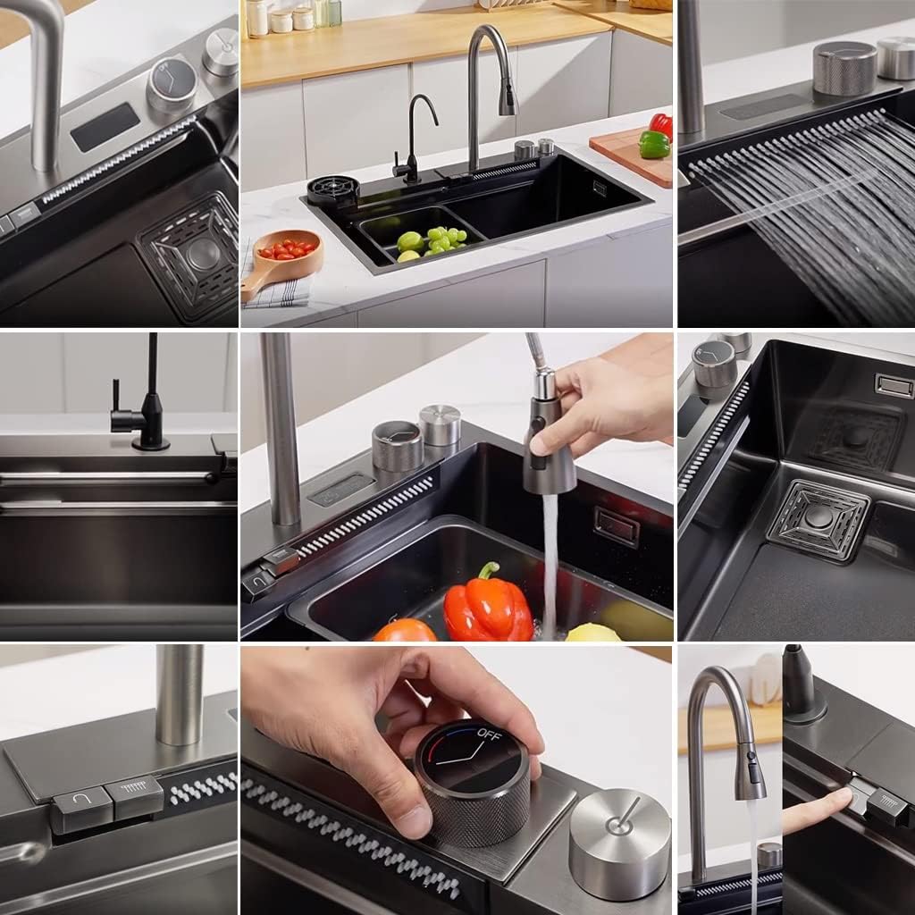 Stainless Steel Single-Bowl Kitchen Workstation Sink Multi-functional Farmhouse Sink Waterfall Pull-Down Faucet And Complete Accessory Set (Color : Black, Size : 75x46x22cm) (Black 80x46x22cm)