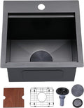 IKEBANA 15x15 Inch Black Drop In Bar Sink Workstation, 16 Gauge Stainless Steel Top Mount Single Bowl Handmade Gunmetal Black Wet Bar Sink for Outdoor Prep RV Laundry with Grid & Cutting Board