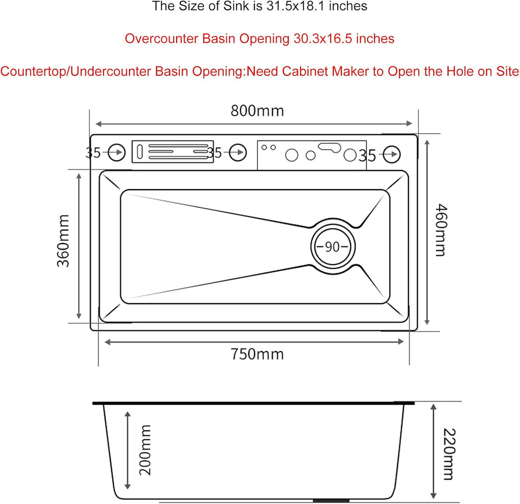 Kitchen Sink 304 Stainless Steel Undermount Sink Drop in Single Bowl Kitchen Sinks, With Pull Down Sprayhead Faucet, With Pressurized Cup Washer and Two Waterfalls (31.5 x 18.1 inch)