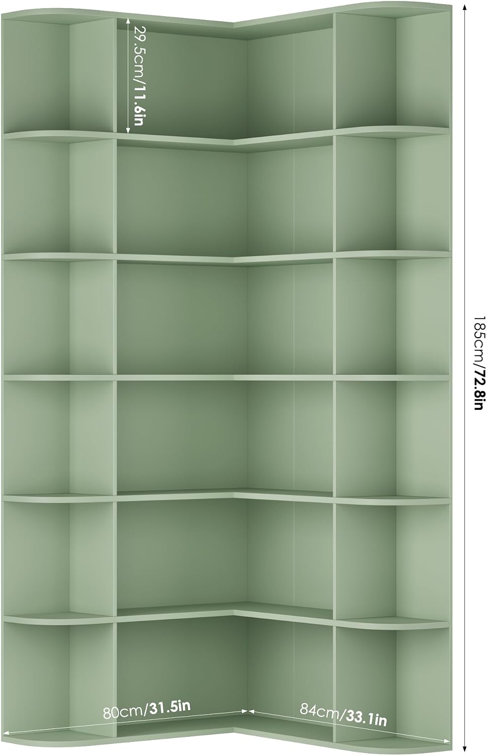 FOTOSOK 72' Tall Corner Bookshelf, 6-Tier Bookshelf and Bookcase with Open Storage, Tall Bookcases Wooden Storage Shelves for Home Office, Thickened Boards for Better Load Bearing, Green