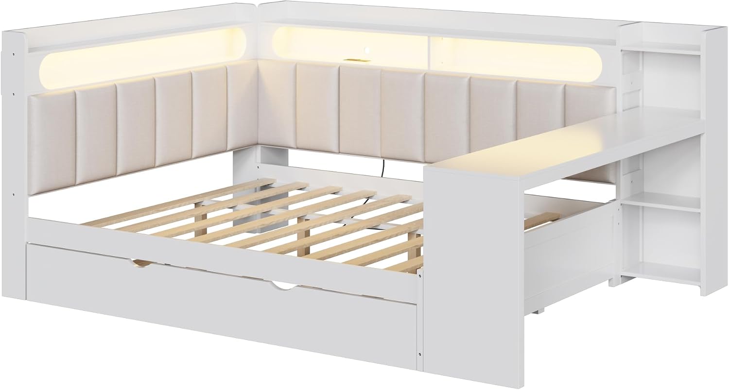 Merax Full Size Daybed with Storage Shelves and Trundle, Wooden Corner Bed with Charging Station, LED Light, Desk, Upholstered Headboard and Backrest, No Spring Box Need