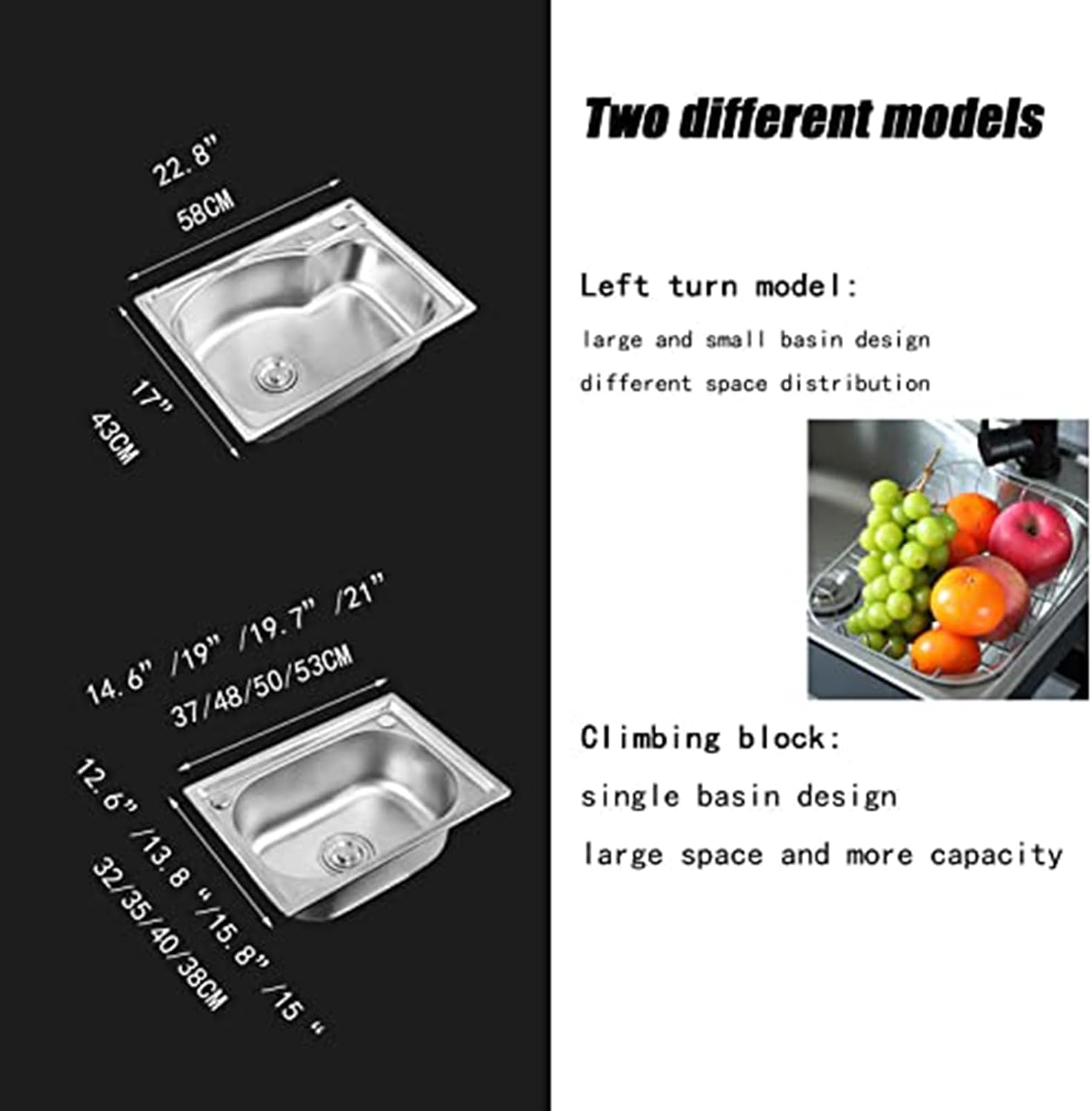 Wall-Mounted Kitchen Stainless Steel Sink, Single Bowl Kitchen Sinks, Utility Laundry Portable Handwashing Station, for Outdoor Indoor, Garage, Laundry/Utility Room,58x43cm-Small