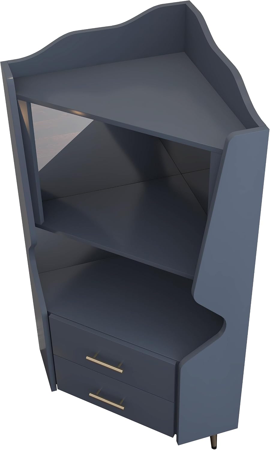 GDFStudio Wooden Corner Shelf Cabinet, Mirrored Back Coffee Bar Cabinets with Drawers & Open Storage, High Feet Corner Wine Rack Liquor Stand Kitchen Storage Cabinet for Living Room Dining Room, Blue