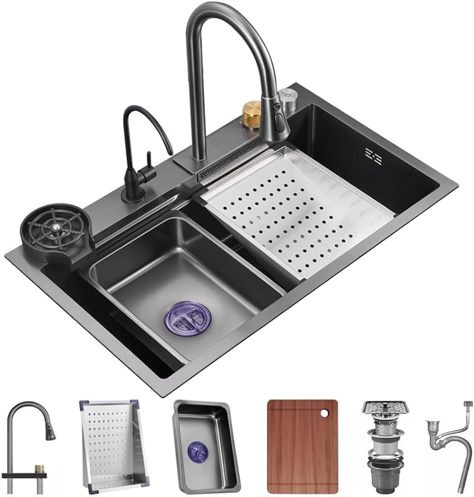 Stainless Steel Single-Bowl Kitchen Workstation Sink Nano-Coated Bar Sink with Pull-Out Faucet and Cup Washer Complete Accessory Set (Color : Black, Size : 75x45x22cm) (Black 68x45x22cm)