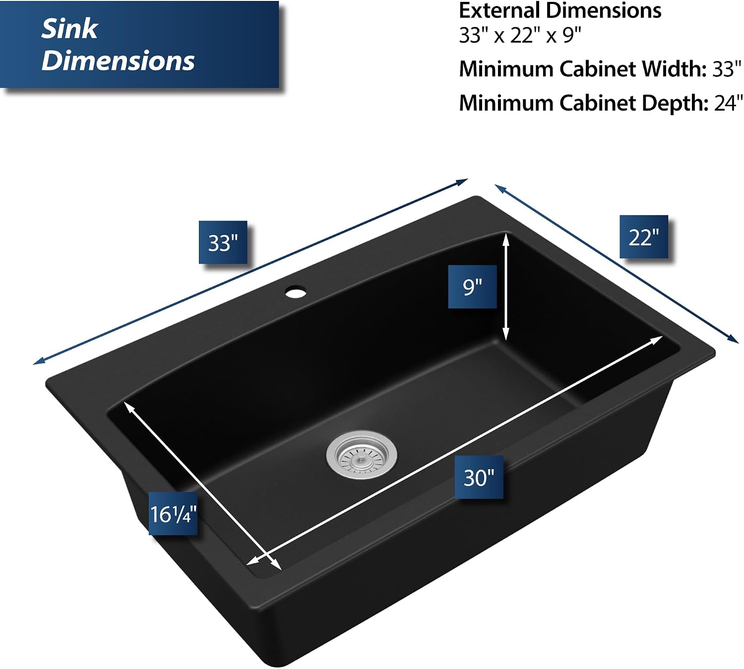 Karran QT-712 33 Inch Drop-In Quartz Composite Single Bowl Kitchen Sink, Top Mount, 1-Hole, Heat & Scratch Resistant, Easy Clean, Black