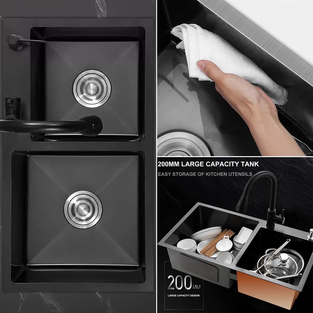 Stainless Steel Double Bowl Kitchen Workstation Sink with Pull-Out Faucet Multi-functional Bar Sink with and Complete Accessory Set Dual-Mount (Color : Black, Size : 80x45x21cm) (Black 72x40x21cm)