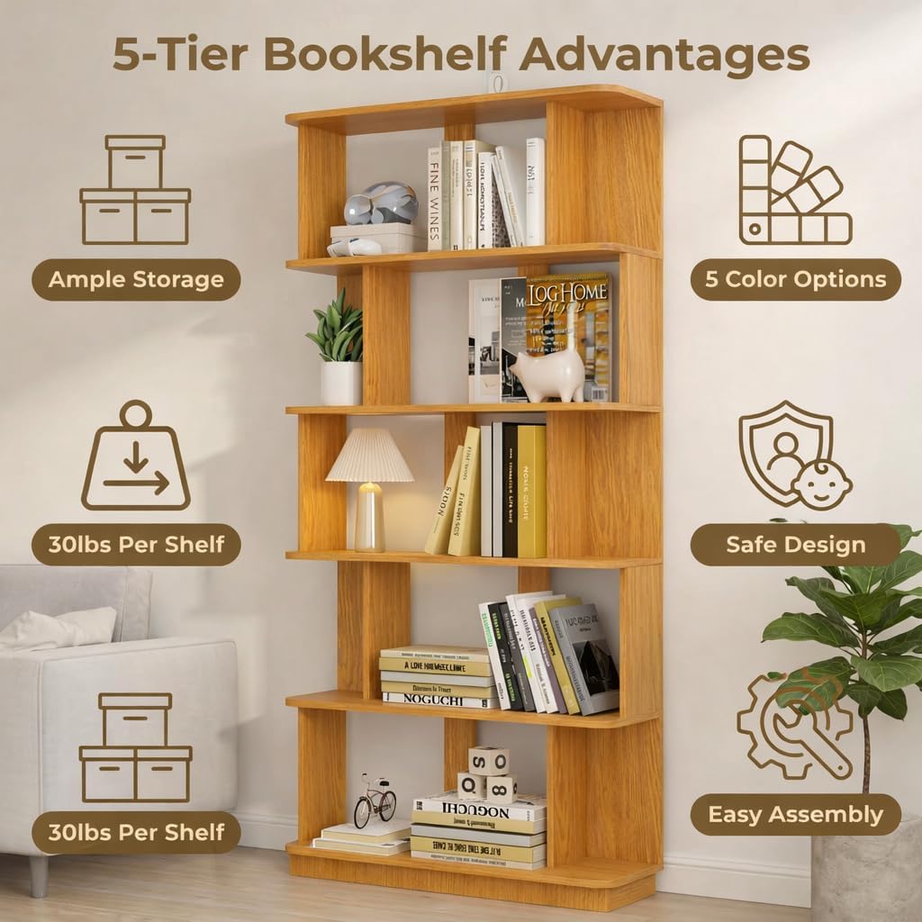 5-Tier Tall Bookshelf, Narrow Wood Bookcase, Dark Oak | 64.56' freestanding open display shelf for books, décor, and storage in living rooms, bedrooms, or home offices