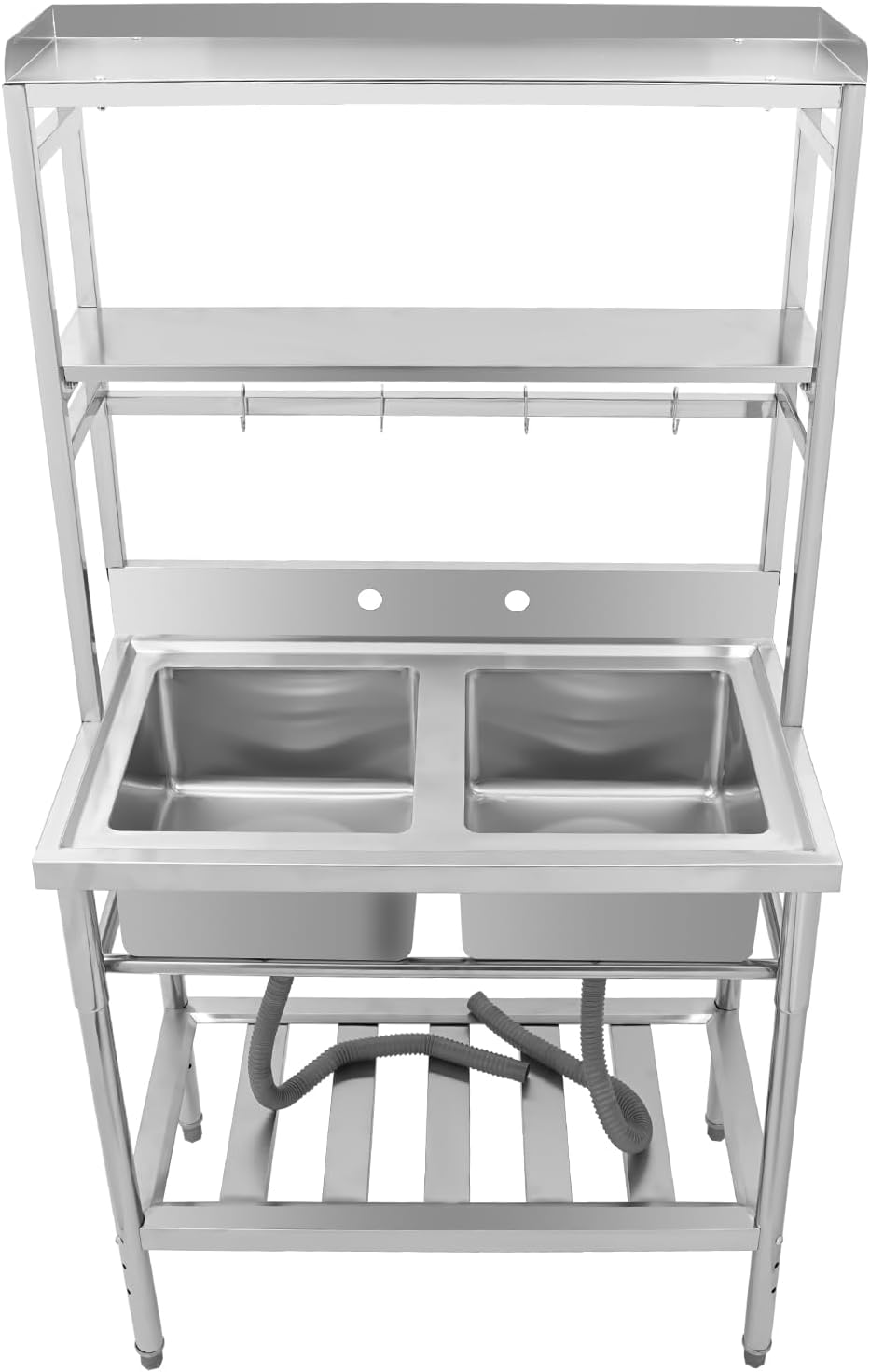 Double Stainless Steel Sink with Bracket,2 Compartment Commercial Stainless Steel Utility Sink Free Standing Sink Kitchen Sink with 2 Drains, 35x21x68' (2 Bowl with Bracket)