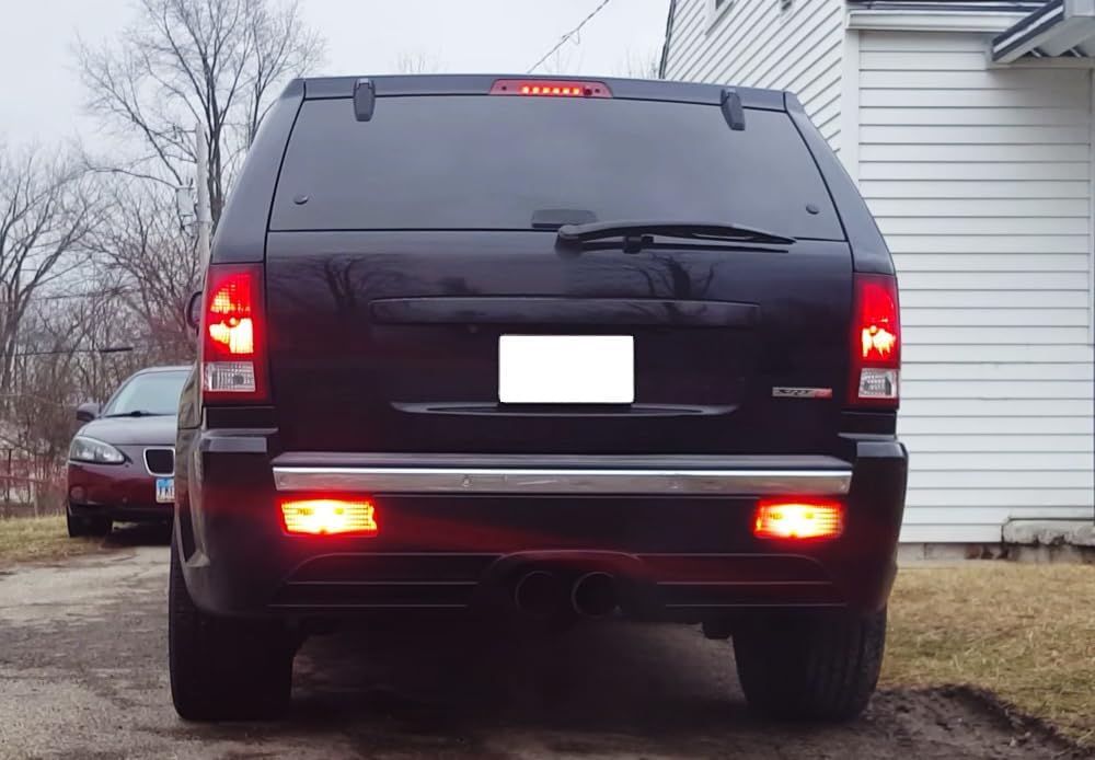 iJDMTOY Complete LED Rear Fog Light Kit Compatible With Jeep 2005-2010 Grand Cherokee WK1, Includes Brilliant Red LED Bulbs, Red Lens Foglamp Assemblies & Wiring Harness