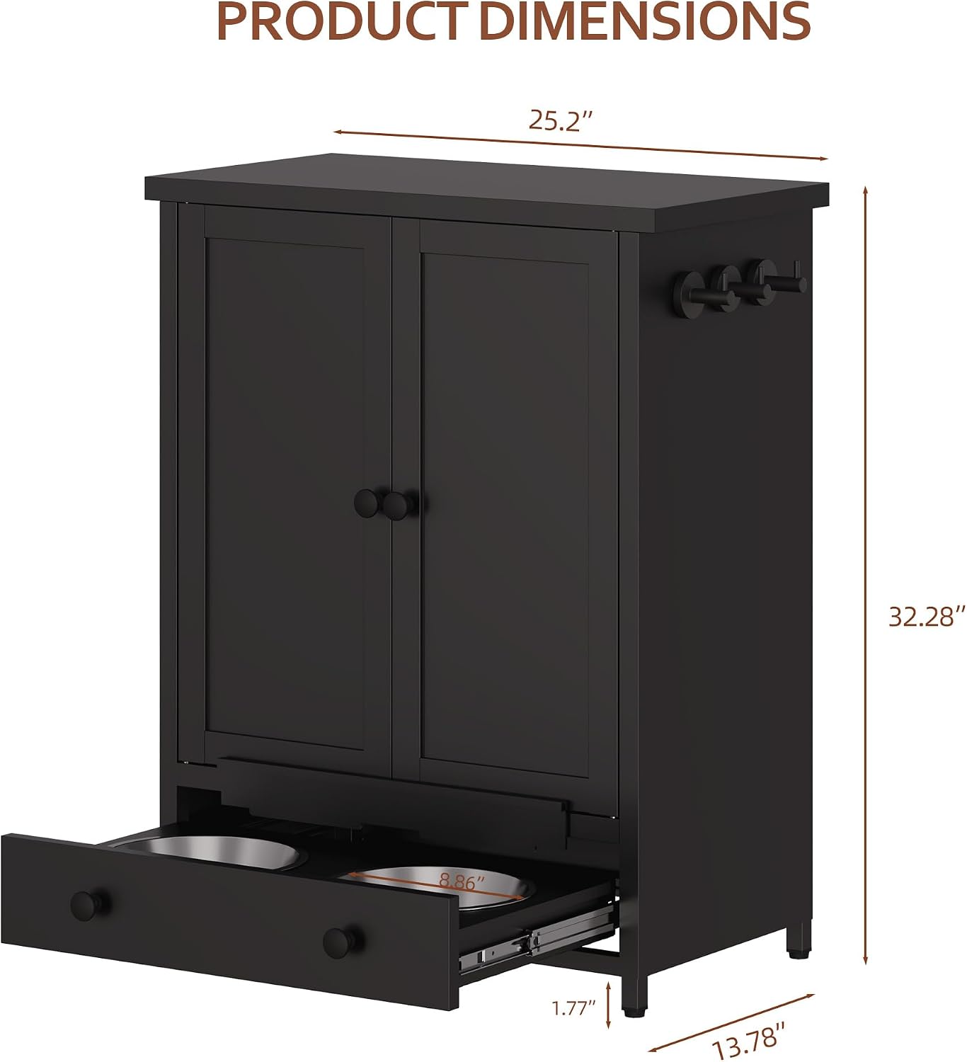 Dog Feeding Station with Storage, Metal Dog Food Storage Cabinet with 2 Elevated Bowls and 3 Hooks, Pet Feeding Station and Food Storage Organizer, Black