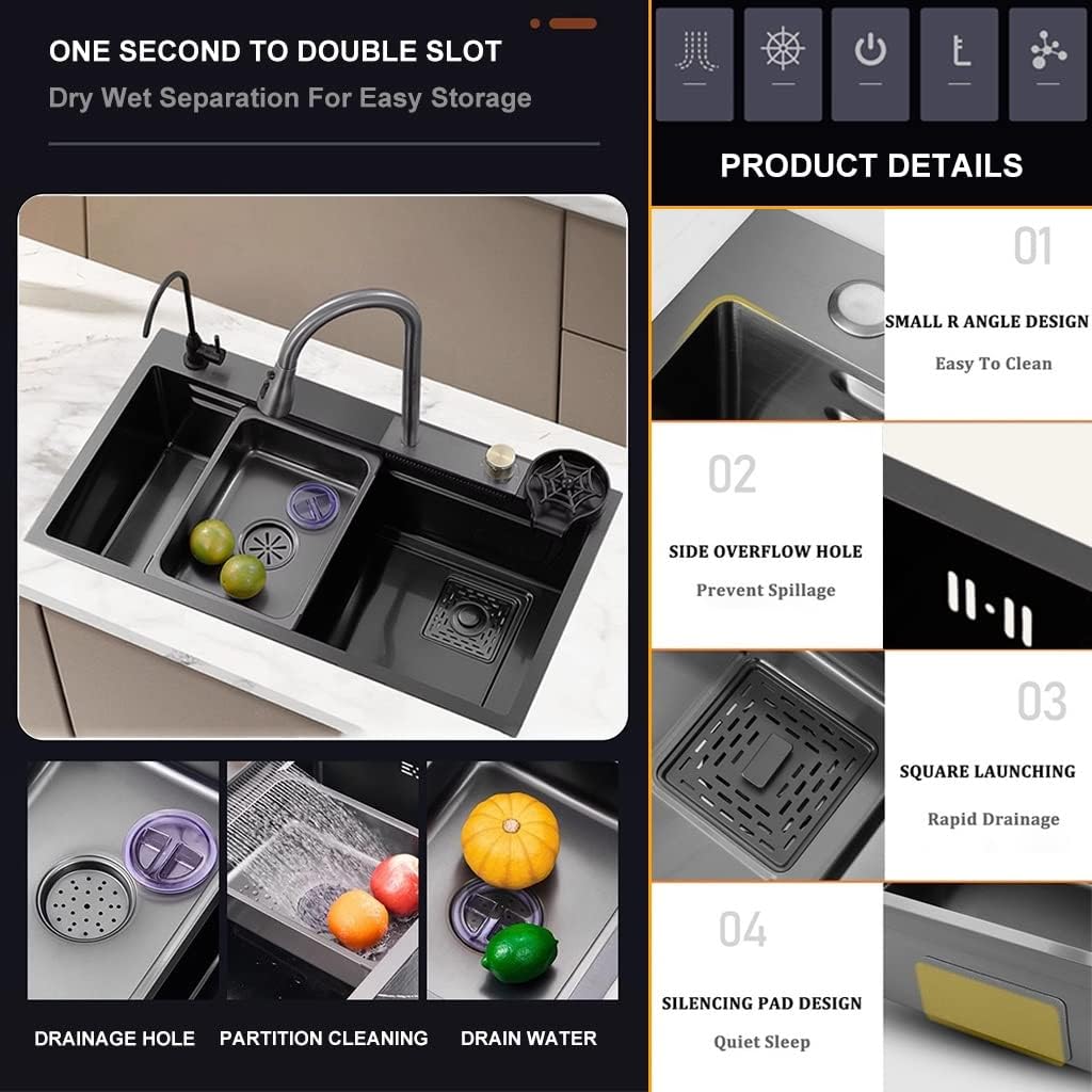 Stainless Steel Single-Bowl Kitchen Workstation Sink Washing Draining and Cutting 3-in-1 Utility Sink Multi-Functional Farmhouse Sink (Color : Black, Size : 68x45x22cm) (Black 68x45x22cm)