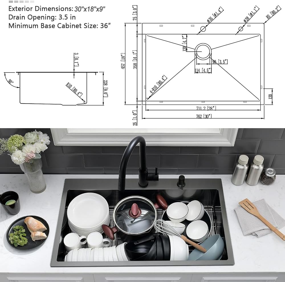 30 Inch Black Kitchen Sink Drop In-VASOYO 30x18 Black Stainless Steel Drop In Kitchen Sink Deep Single Basin Kitchen Sink Top Mount Kitchen Sinks with Faucet Combo