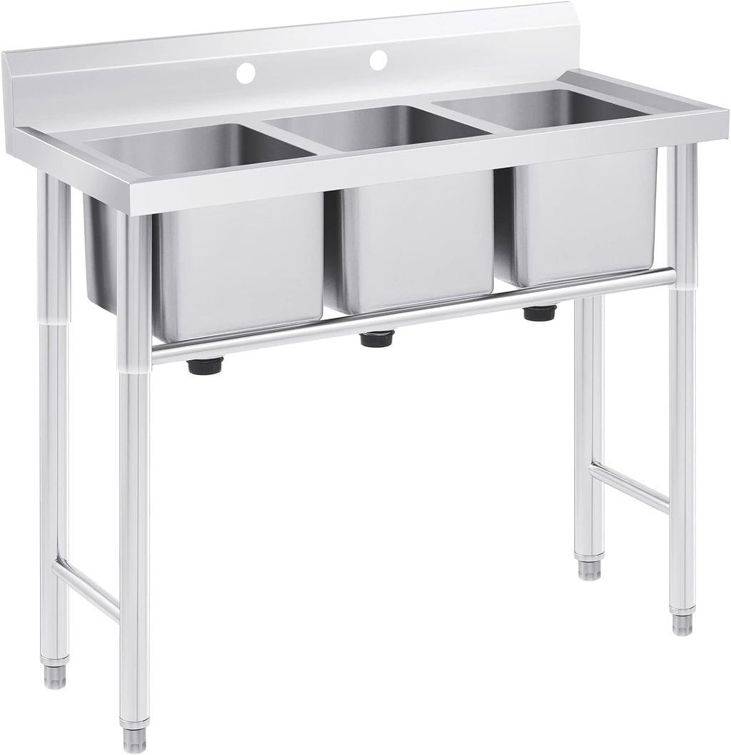 Wilprep Commercial Stainless Steel Sink with 3 Compartments, Free Standing Restaurant Sink Station with Strainer, Kitchen Prep & Utility Sink for Home Garage Bar, 39'' W × 17.7'' D × 37.4'' H, Silver