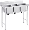Wilprep Commercial Stainless Steel Sink with 3 Compartments, Free Standing Restaurant Sink Station with Strainer, Kitchen Prep & Utility Sink for Home Garage Bar, 39'' W × 17.7'' D × 37.4'' H, Silver