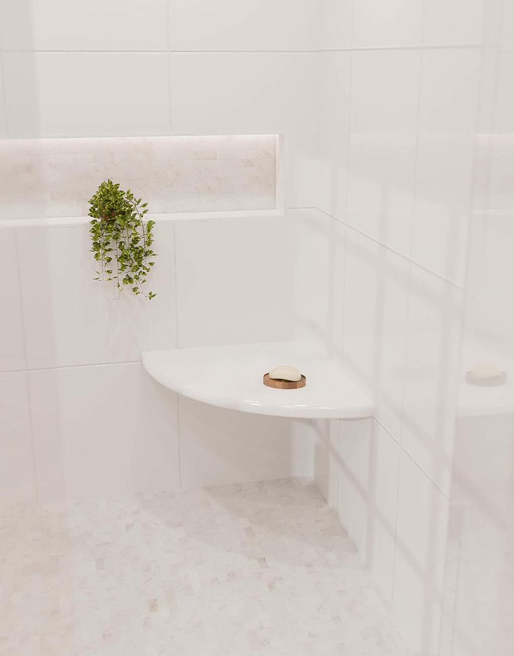18' Super White Engineered Marble Corner Shower Seat – Floating or Solid Mount Bathroom Bench, Wall Mounted Shelf & Caddy for Showers, Classic Flatback Design