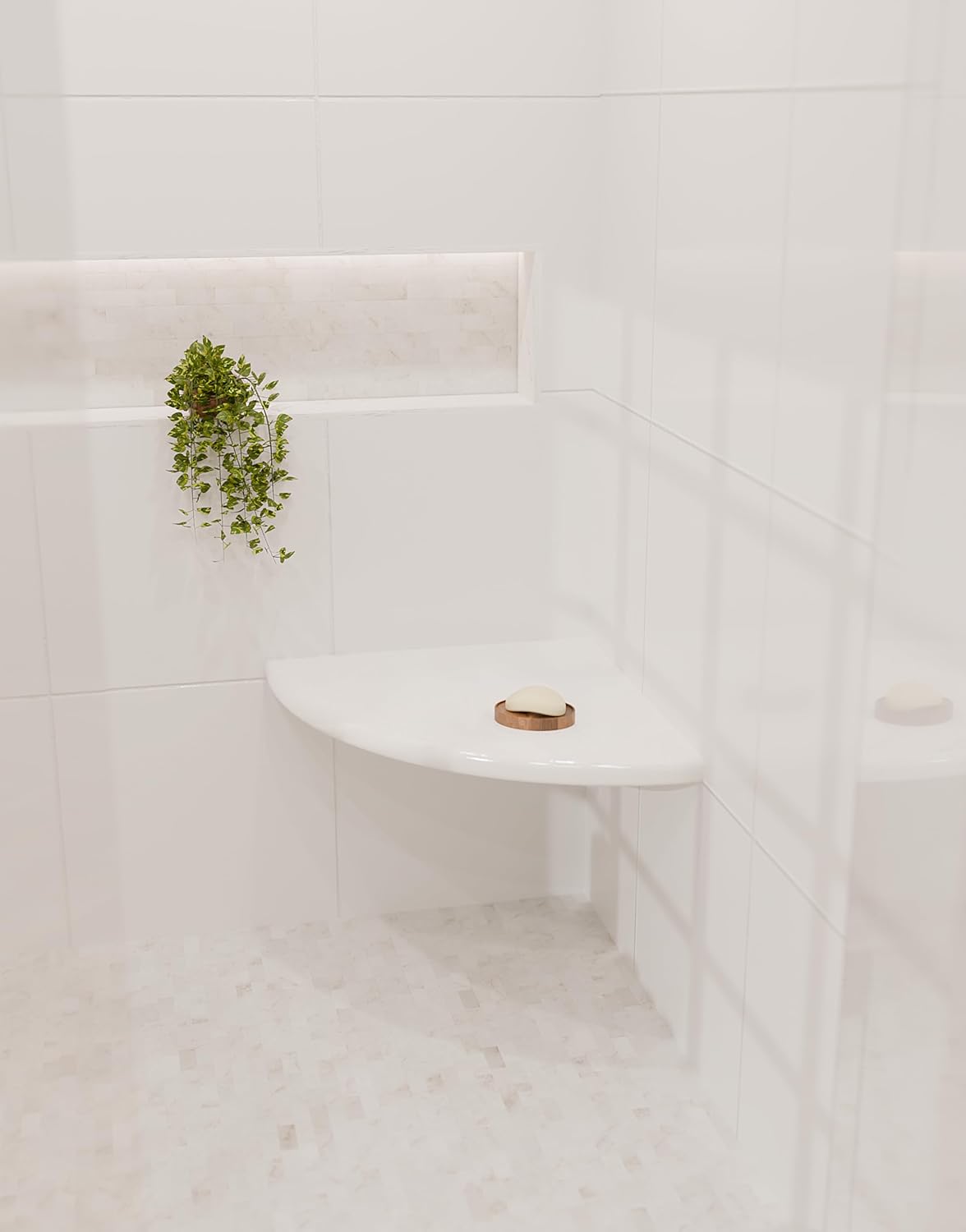 18' Super White Engineered Marble Corner Shower Seat – Floating or Solid Mount Bathroom Bench, Wall Mounted Shelf & Caddy for Showers, Classic Flatback Design