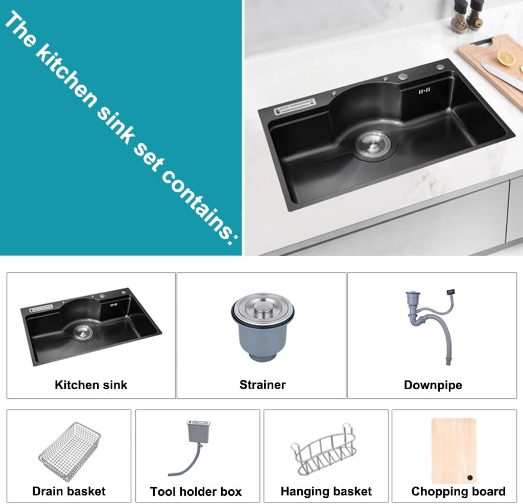 Kitchen Sink Single Bowl Bar Prep Black Nano Stainless Steel Kitchen Balcony Restaurant Sink Drop in Or Undermount with Drain Assembly (Color : Black, Size : 78x48x22cm) (Black 78x48x22cm)